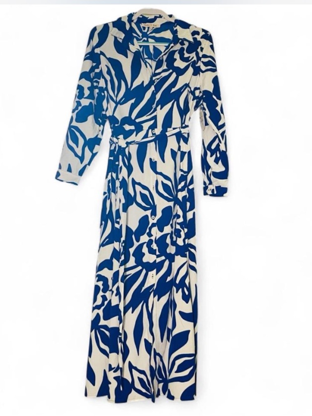 Blue and White Floral Print Long Sleeve Maxi Dress